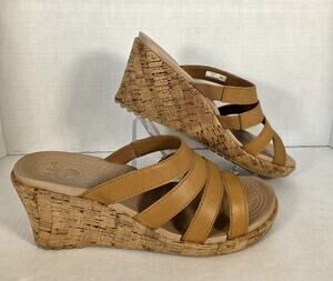 Crocs A-Leigh Leather Multi Strap Slide Cork Wedge Sandals Tan Women's 8 Boho
